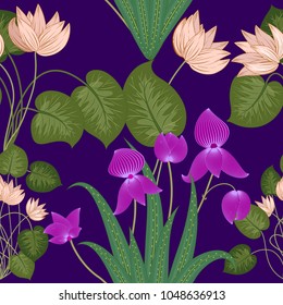 Tropical leaves and flowers seamless pattern, print for textile, cloth, wallpaper, scrapbooking, wrapping. Vector background.