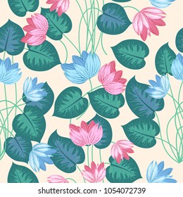 Tropical leaves and flowers seamless pattern in blue and pink colors, bright print for textile, cloth, wallpaper, scrapbooking, wrapping. Vector background.
