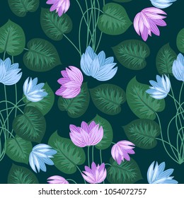 Tropical leaves and flowers seamless pattern, print for textile, cloth, wallpaper, scrapbooking, wrapping. Vector background.