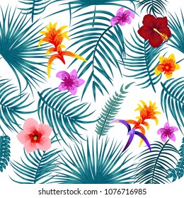 Tropical leaves and flowers seamless pattern, bright print for textile, cloth, wallpaper, scrapbooking, wrapping. Vector background.