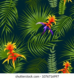 Tropical leaves and flowers seamless pattern, bright print for textile, cloth, wallpaper, scrapbooking, wrapping. Vector background.