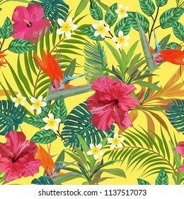 Hojas tropicales y flores sin fisuras patrón colorido plantas extraídas a mano ilustraciones vectoriales