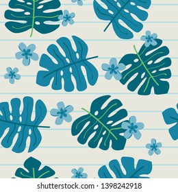 Tropical leaves and flowers seamless pattern, vector illustration
