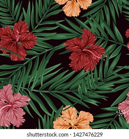 Tropical leaves and flowers seamless pattern, vector