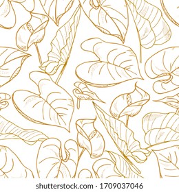 tropical leaves and flowers seamless pattern. gold engraved ink art. Floral tropical background , outline, hand-drawing.