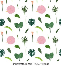 Tropical leaves and flowers seamless pattern. Botanical texture with pink hibiscus, calla lily, monstera leaf. Cute baby print for fabric and textile.