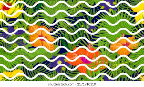 Tropical leaves and flowers seamless pattern. Decorative exotic bright fabric print. Monstera and orchid lily flower. Nature summer vector texture with stripes