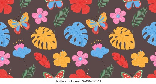 Tropical leaves and flowers seamless pattern. Hand drawn exotic plants