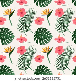 Tropical Leaves and Flowers seamless pattern. Vector illustration in trendy retro flat style