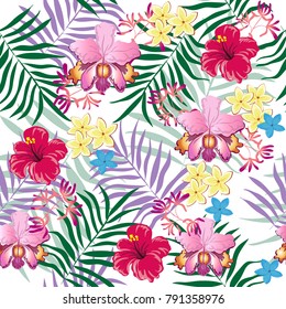 Tropical leaves and flowers seamless pattern