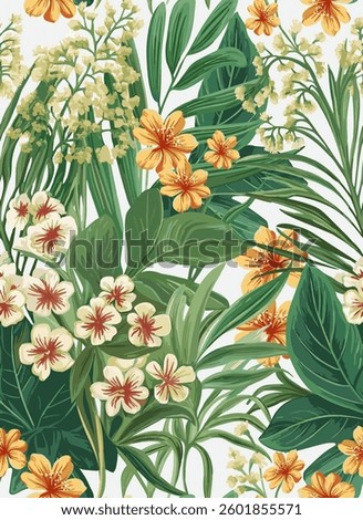 Tropical leaves and flowers. Seamless pattern for any surfaces.