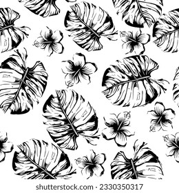 Tropical leaves and flowers sketch seamless pattern. Leaves of monstera and hibiscus flowers
