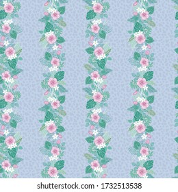 Tropical leaves and flowers stripes seamless pattern
