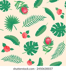 Tropical leaves and flowers summer seamless pattern. Banana palm leaves, hibiscus flower, protea plant. Hawaiian shirt fabric repeat design.