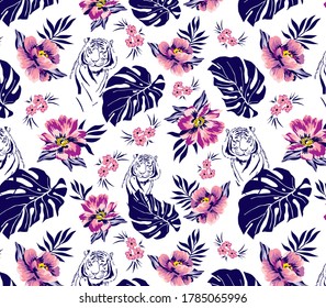 Tropical Leaves and Flowers with Tigers pattern