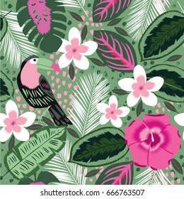 Tropical leaves, flowers and toucan bird seamless pattern