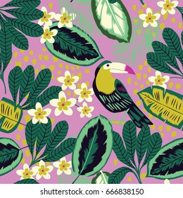 Tropical leaves, flowers and toucan bird seamless pattern