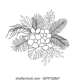 Tropical leaves and flowers. Vector artwork illustration in line-art style .