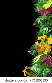 tropical leaves and flowers, vector illustration.Design for cosmetics, spa, health care products, travel company. Can be used as summer background