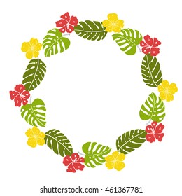 Tropical leaves and flowers wreath with copyspace isolated on white background