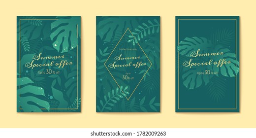 Tropical leaves flyer set in green tone, Special summer sale templates