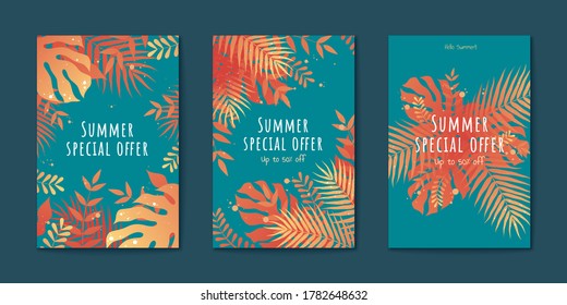 Tropical leaves flyer set in orange and turquoise tone, Special summer sale templates