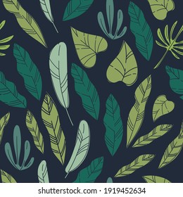 Tropical leaves and foliage, exotic plants and lush leafage isolated on black. Subtropical flora and botany. Decorative subtropical rainforest monstera and stables. Seamless pattern, vector in flat