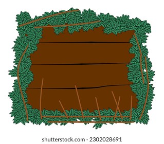 Tropical leaves frame around empty white space. Frame layout made of tropical elements for your creativity inside a vintage plank