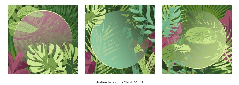 Tropical folhas quadro fundos. Natureza, plantas exóticas, flores, fronteira botânica, banner floral, design de cartão. Folhas verdes, jardim exuberante, padrão de botânica. Conjunto de ilustrações de vetor plano