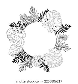 Tropical leaves frame. Black ink monstera and palm leaf wreath, line art vector illustration for invite or card 