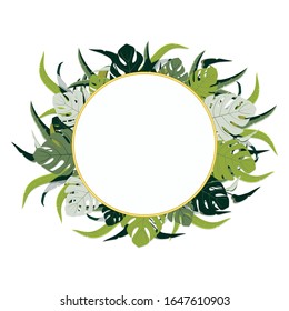 Tropical leaves frame. Circle frame. Summer spring green leaves branches twigs plants foliage greenery round circle frame with place for text isolated vector illustration.