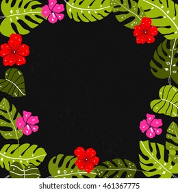 Tropical leaves frame with copyspace. Bright hand drawn leaf and hibiscus flowers ar dark background