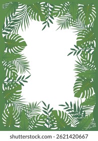 Tropical leaves frame isolated on white background. Hand drawn vector illustration