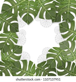 Tropical leaves frame on white background and outline diamond,Vector illustration.