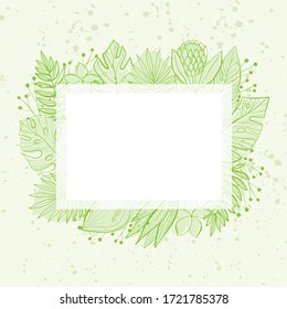 Tropical leaves frame. Palm, fan palm, monstera, banana leaves in line style. Sketches of tropical leaves for design.