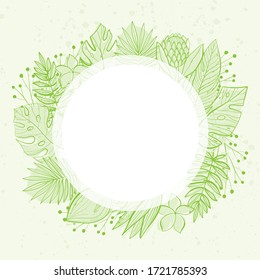 Tropical leaves frame. Palm, fan palm, monstera, banana leaves in line style. Sketches of tropical leaves for design.