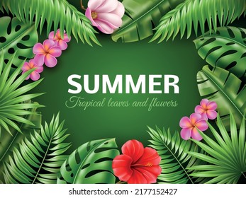 Tropical leaves frame. Realistic jungle plants, exotic hawaii border with palms foliage and flowers, summer background with isolated green banana and monstera, utter vector poster