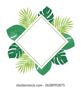 Tropical leaves frame in rhombus shape. Green botanical wreath. Summer frames for invitation, wedding, branding