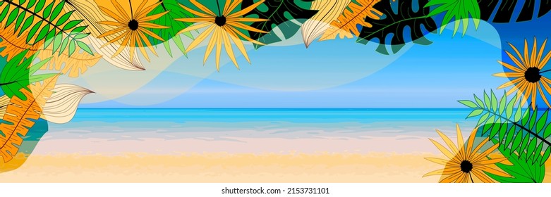 Tropical leaves frame and sea coast, vector banner. Blue sky, sea and yellow sand.