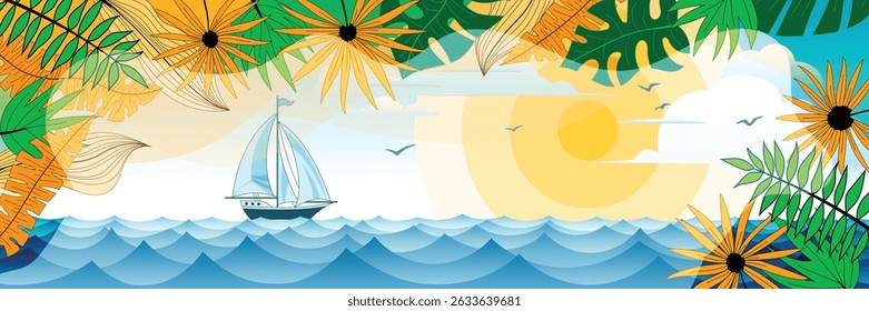 Tropical leaves frame, seascape with sailing yacht, sun in the clouds, summer vacation, vector cartoon, panoramic view