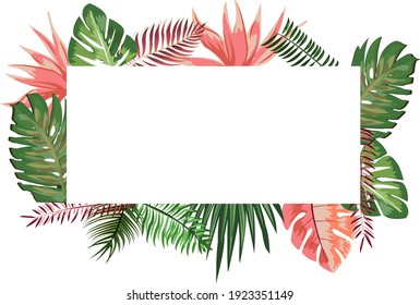 tropische Blätterrahmen für Frühlingszeit, Sommerposter, exotische Blätter Vektorgrafik-Rahmen Dekoration, botanisches Banner-Kartendesign