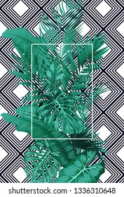 Tropical leaves and frame square on pattern striped background