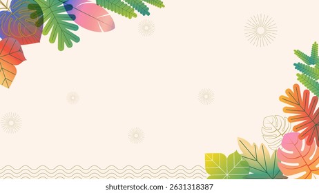 Tropical leaves frame summer background, colorful foliage, abstract botanical border, gradient tones; vibrant leaf illustration with space center-aligned, ideal for summer event invites, eco posters