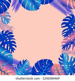 Tropical leaves frame. Trendy gradient tropical leaves background.