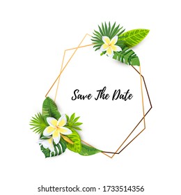 Tropical leaves and Frangipani flower vector illustration. Place for text. Backdrop for summer sale, vacation, poster, SPA flyer, beauty offer, invitation, baby shower, wedding, bridal shower