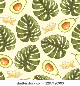 Tropical leaves and fruit avocado pattern. Seamless tropical wild flora with avocado fruit. Seamless wild print with tropical plants and ripe avocado fruit. Vector illustration.