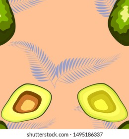 Tropical leaves and fruit avocado pattern. Seamless tropical wild flora with avocado fruit.
