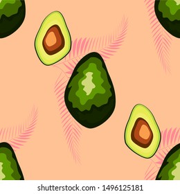 Tropical leaves and fruit avocado pattern. Seamless tropical wild flora with avocado fruit.