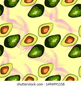 Tropical leaves and fruit avocado pattern. Seamless tropical wild flora with avocado fruit.