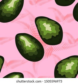 Tropical leaves and fruit avocado pattern. Seamless tropical wild flora with avocado fruit.